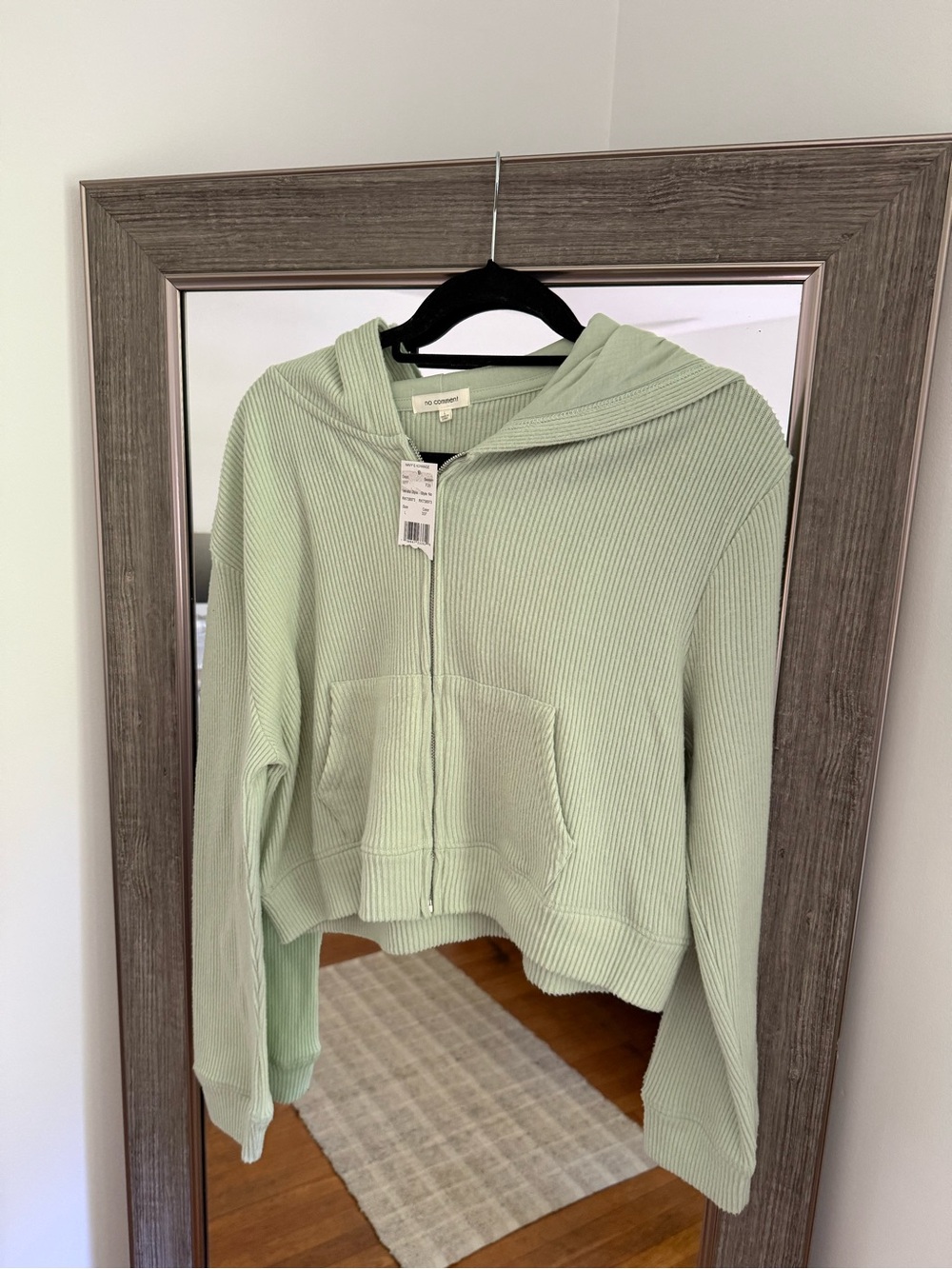 No comment Cropped Ribbed Zip Hoodie - Sage Green